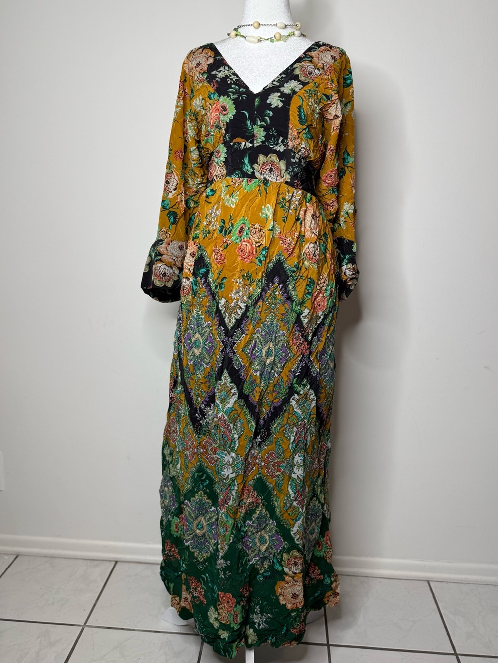 Anthropologie Mustard and Green Floral V-Neck Maxi Dress - Picture 10 of 13